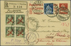 1919 (30. Juni): Eingeschriebene 10 Rp. GS-Postkarte nach Prag, ...