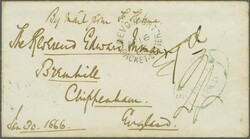 1866: Unpaid Packet letter envelope sent via St Helena to Chippenham, ...