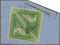 1863/64: 1 s. bright emerald-green, a used pair with enormous margins ...