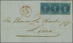 Third London Printing 1861/62: 10 c. bright blue, a horizontal strip ...