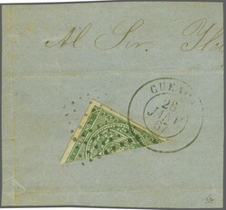 1865/72: 1 r. green, a diagonally bisected example used on small 1867 ...