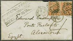 1865/67: 4 d. vermilion, plate 11, a horizontal pair used on 1870 ...