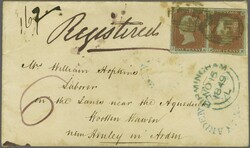 1841: 1 d. red-brown on very blued paper, a horizontal pair, lettered ...