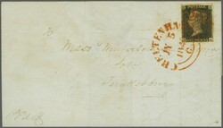 1840: 1 d. black, plate 4, lettered NA, a used example with large ...