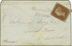 1841: 1 d. red-brown on blued paper, lettered AG, a used example with ...
