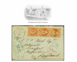 French PO in Jerusalem 1862: France 40 c. orange, a vertical strip of ...