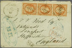 French PO in Jerusalem 1862: France 40 c. orange, a vertical strip of ...