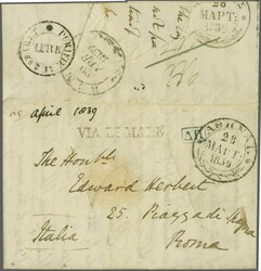 1839: Prepaid entire letter in English from Athens to Rome, struck on ...