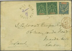 French P.O.'s 1892/96: Indochine 5 c. green on greenish pair and 15 c ...