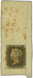 1840: 1 d. black, plate 2, lettered DA, a used example with three ...