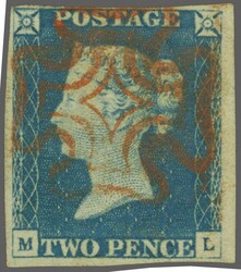 1842: 2 d. blue, plate 1, lettered ML, a used example in a bright ...