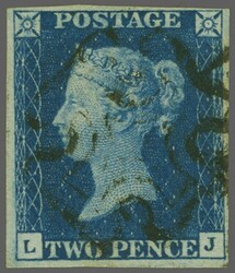 1840: 2 d. blue, plate 2, lettered LJ, a used example with good to ...