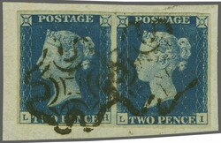1840: 2 d. blue, plate 1, lettered LH-LI, a used horizontal pair in a ...
