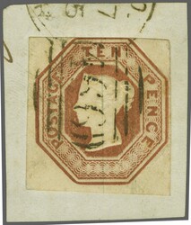 1847/54: Embossed 10 d. brown, a used example with good to very large ...