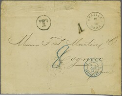 Romanian Post; 1875 (Dec 27): Unpaid Envelope from Braila to Cognac, ...