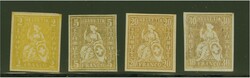 1861: Lot mit 4 verschiedenen Farbproben auf 2, 5, 20 und 30 Rp., ...