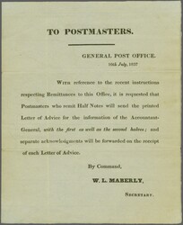 1837 (July 10): Postal Notice "TO POSTMASTERS“ from W.L. Maberly ...
