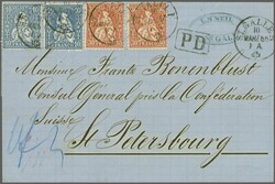 Russland 1865: 10 Rp. blau (2) und 30 Rp. zinnoberrot (2), vier ...