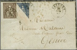 1864: 10 Rp. blau, die rechte obere Hälfte einer diagonal halbierten ...