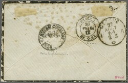 1864: 10 Rp. blau, die rechte obere Hälfte einer diagonal halbierten ...