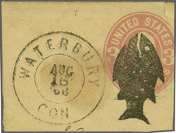 1866: 3 ¢. pink on buff postal stationery piece, cancelled by very ...