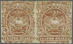 1865/66: 4 r. red, an unused horizontal pair, variety "Printed on ...
