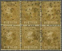 1867: 50 c. gold, perf. 12½ x 12, a fine used block of six cancelled ...