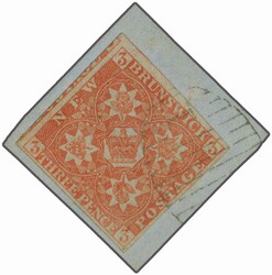 1851/60: 3 d. bright red, on blued paper, a used example with good to ...