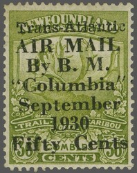 1930 (Sept 25): "Columbia" surcharged 50 c. on 36 c. sage-green, an ...