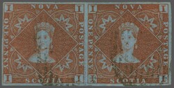 1851/60: 1 d. red-brown on blued, a used horizontal pair with good to ...