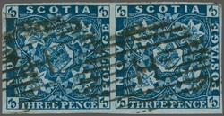 1851/60: 3 d. deep blue on blued paper, a used horizontal pair with ...