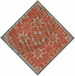 1851/60: 3 d. bright red on blued paper, a used example with ample to ...