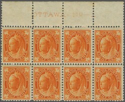 1897 (Dec): Maple Leaves 8 c. orange, an unused block of eight (4 x ...