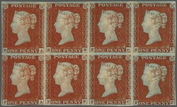 1841: 1 d. red-brown on blued, plate 44, lettered EA-ED / FA-FD, an ...