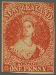 John Davies GPO Auckland. 1862/64: Chalon Head 1 d. carmine-vermilion ...
