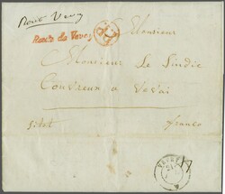 Fribourg 1843 (14. Juli): "Route de Vevey", kursiver Stabstp. in rot ...