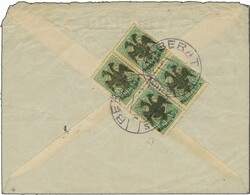 1913: Eagle in black on Turkey 1908 10 pa. blue-green, a used block ...