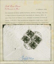 1913: Eagle in black on Turkey 1908 10 pa. blue-green, a used block ...