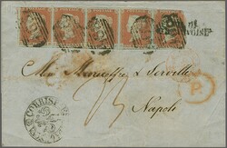 1841: 1d. red-brown, alphabet I, plate 84, horizontal strip of five, ...