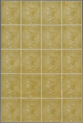 1867, 9d. straw, plate 4, pane of 20, PI/TL, imperforate plate proof ...