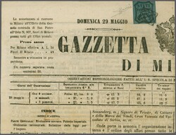 1853: Newspaper stamp, 9 Centesimi azzurro, tied to the complete ...