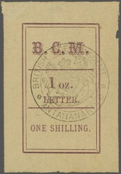 1884 (March): Inscribed "B.C.M. / LETTER" 1 s. (1 oz.) magenta, ...