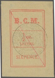 1886: Inscribed "B.C.M. / LETTER" 6 d. (½ oz.) red, rouletted ...