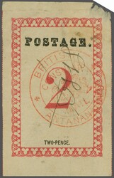 1886: POSTAGE 29½ mm., with Stops, 2 d. rose, rouletted, handstamped ...