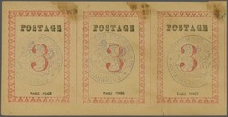 1886: POSTAGE 29½ mm., No Stops, 3 d. rose, rouletted, handstamped ...