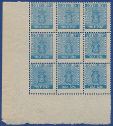 Never hinged corner block of nine of 12 öre greenish blue. F=49.500+ ...