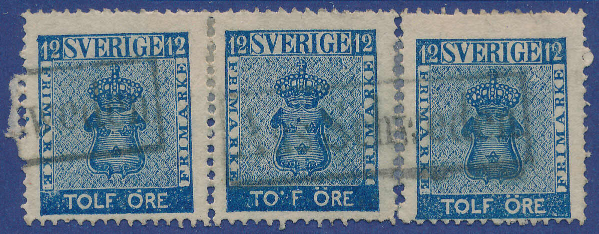 Very interesting strip of three of 12 öre dark blue, scarce in units ...