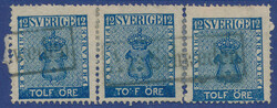 Very interesting strip of three of 12 öre dark blue, scarce in units ...