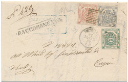 An exceptional three colour franking on a registered letter with full ...