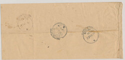 Registered cover franked with strip of three 1 anna black together ...